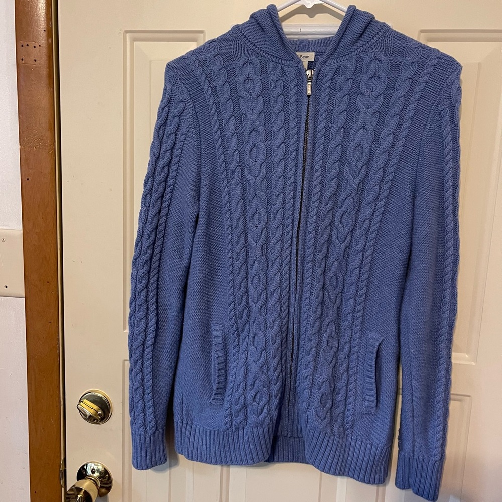 L.L. Bean Blue Zip-Up Cable Knit Hooded Sweater